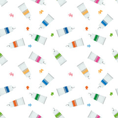Vector seamless pattern with tubes of paints. Illustration in cartoon style isolated on white background for textile and paper. School, study, hobby