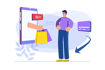 Mobile commerce concept with people scene. Man buyer chooses new products, makes purchases, orders and pays online in application. Illustration with character in flat design for web banner