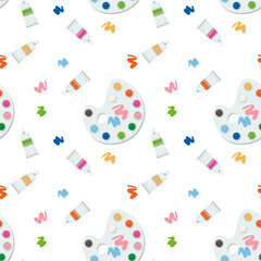 Vector seamless pattern with palette and tubes of paints. Illustration isolated on white background in cartoon style for paper and textile