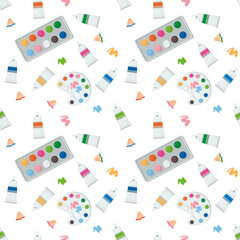 Vector seamless pattern with palette, paint box and tubes. Illustration isolated on white background in cartoon style for paper and textile