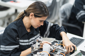Engineer caucasian woman learning repair electric board in class