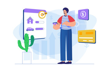 Planning financial budget concept with people scene. Man analyzes his finances in mobile app, plans to pay taxes, bills and purchases. Illustration with character in flat design for web banner
