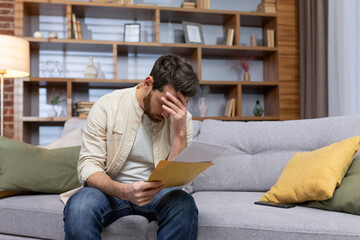 Upset man at home sitting on sofa reading letter with bad news notification in envelope opening,...