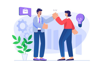 Teamwork concept with people scene. Man and woman success cooperate in working on project, partnership communication, idea generation. Illustration with character in flat design for web banner
