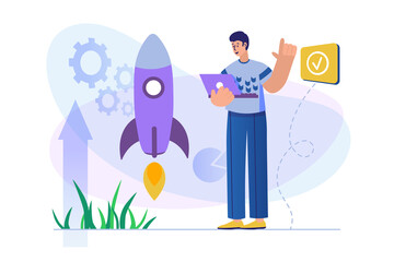 Business startup concept with people scene. Businessman launches new project, analyzes market, achievement goal and entrepreneurship. Illustration with character in flat design for web banner