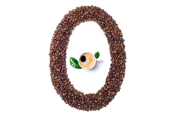 Number made with coffee beans on white background. Number 0 zero made of coffee and coffee cup. Coffee number 0 zero isolated on white