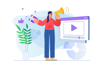 Video marketing concept with people scene. Woman attracts new audience and customers using and sharing promo video content on blog. Illustration with character in flat design for web banner