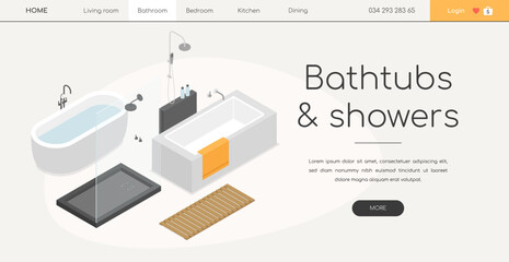 Bathtubs and showers - line design style isometric web banner