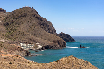 Fototapeta na wymiar Panoramic view of cliffs and beaches in the Gata Cape Natural Park coast near San José. Almería, Andalucía, Spain.