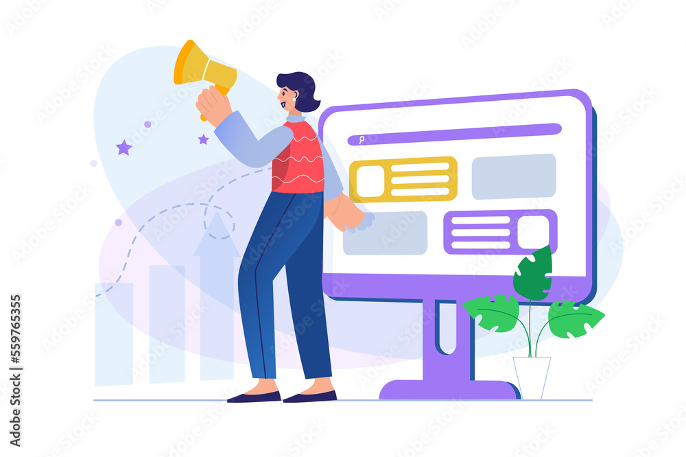 Wall mural digital marketing concept with people scene. woman develops strategy for promoting in social network