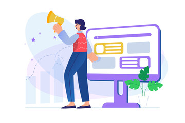 Digital marketing concept with people scene. Woman develops strategy for promoting in social networks and analyzes statistics. Illustration with character in flat design for web banner