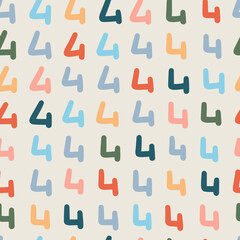 Seamless colorful numbers four pattern. Abstract background with hand drawn doodle shapes.