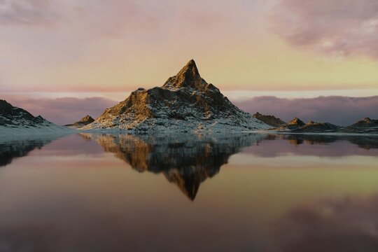 3D render landscape, mountains, snow and lake, sunset sky, copy space.