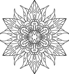 Coloring book with mandala. Mandala with decorative leaves, stamens and flowers with a black line on a white background in cartoon style. Decorative illustration for coloring and rest