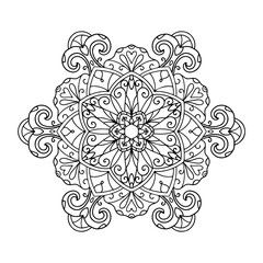 Vector mandala with flowers and leaves. Botanical coloring book for adults and children. Black pattern on a white background