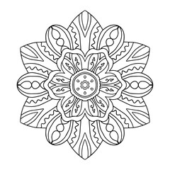 Vector mandala with flowers and leaves. Botanical coloring book for adults and children. Black pattern on a white background