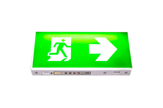 Fire exit green emergency exit signs isolated cutout PNG. Fire escape sign hang on ceiling in the dark building near stairway.  warning plate with running man icon and arrow to right way.