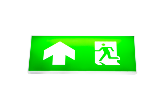 Fire exit green emergency exit signs. Escape sign hang on ceiling in the dark building near stairway.  warning plate with running man icon and arrow to straight on way. isolated cutout PNG background.