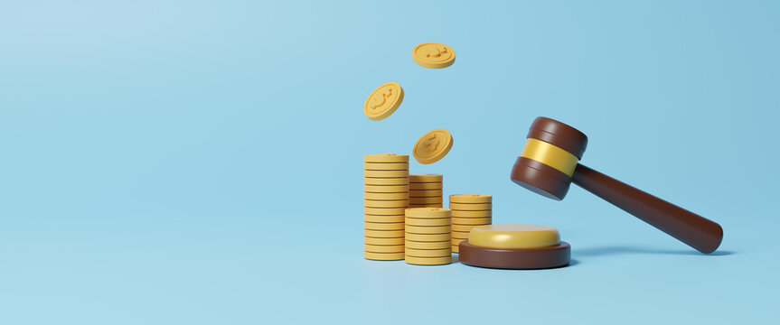 Financial law and compensation lawsuits concept. Stack of coins and judge gavel on blue background. Penalty fine to pay for prohibited legal,charge and expense punishment notice.3d render illustration