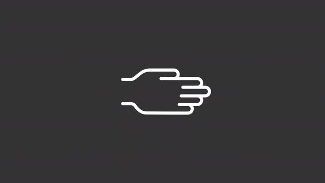 Animated right hand white line icon. Open palm. Stretching arm. Non-verbal communication. Seamless loop HD video with alpha channel on transparent background. Motion graphic design for night mode