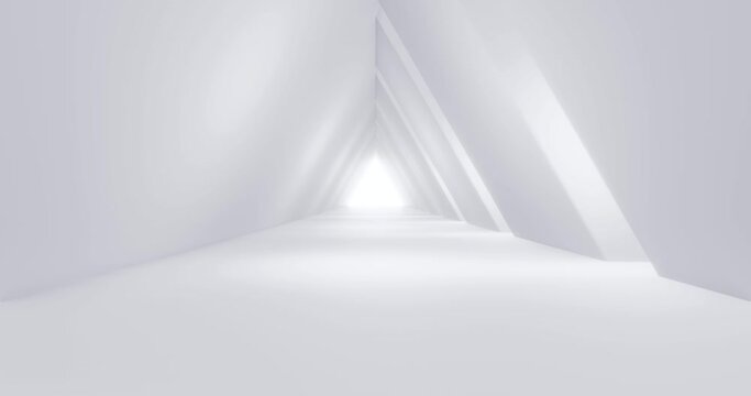 Concept future. Empty Long Light Corridor. Modern white background. Futuristic Sci-Fi Triangle Tunnel. 3D Rendering