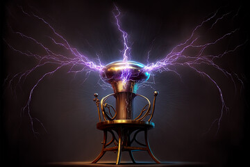 illustration of a steampunk style tesla coil releasing lightning on a dark background, generative ai