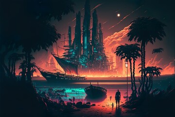 Futuristic neonwave city with spaceships around a megapolis in neo-tokyo with airships and palm trees