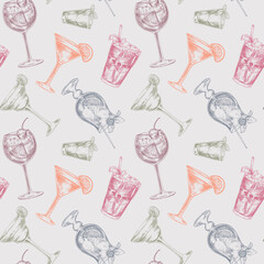 Vector seamless pattern with hand drawn cocktails in sketch style