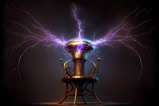 illustration of a steampunk style tesla coil releasing lightning