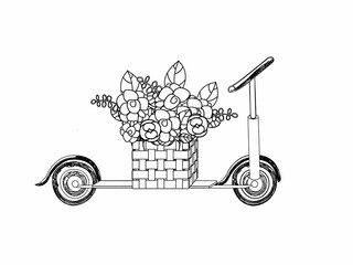 A bouquet of flowers is carried on a scooter, dudling, black and white freehand drawing.
