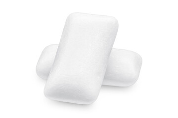 Three pieces of white chewing gum isolated on white. The whole subject is in focus. - obrazy, fototapety, plakaty