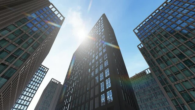 Skyscrapers, low angle view of buildings, 4K, sun on top