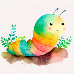Cute worm character cartoon watercolor caterpillar