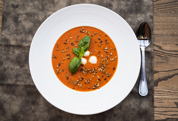 Tomato Soup Made from Stewed Tomatoes, CREAMY TOMATO, ITALIAN CREAM OF TOMATO SOUP, Tomato and Bread Soup, Creamy Italian Tomato Soup, Tuscan Tomato, Pappa al Pomodoro, homemade Tuscan tomato soup,  - obrazy, fototapety, plakaty