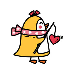 Cute little penguin girl caught a red heart while fishing. Funny childish illustration for stickers, greeting cards, baby textiles. Vector art hand drawn in doodle style