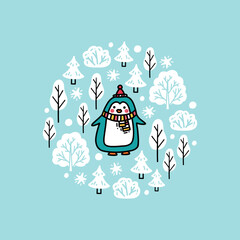 Winter composition with cute baby penguin, snowy trees, snowflakes hand drawn in doodle style. Funny illustration with place for a text for kids greeting cards, invitations, posters, textile