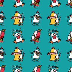 Cute little penguins in colorful print for kids textile, wrapping paper, packaging design. Funny young antarctic birds walking, sitting, singing on a blue background. Vector doodle illustration