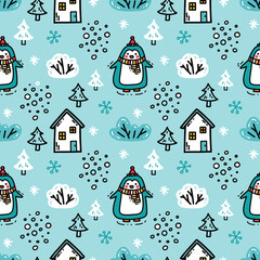 Cute pattern with baby penguins walking in a winter snowy forest. Funny antarctic birds, trees, tiny houses hand drawn in doodle style. Seamless background for kids textile, packaging design