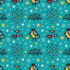 Cute winter seamless pattern with funny young titmouse birds, hearts ans snowflakes on blue background. Hand drawn in doodle style vector print for kids textile, wrapping paper, packaging design