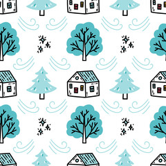 Winter seamless pattern with cute tiny houses and snowy trees on white background. Simple abstract print for kids textile, wrapping paper, packaging design. Vector hand drawn in doodle style