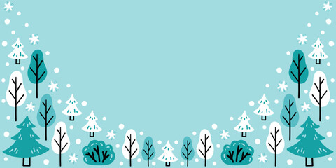 Abstract winter template with snowy trees, snowflakes on blue background. Vector illustration hand drawn in doodle style for cards, posters, sale banners design