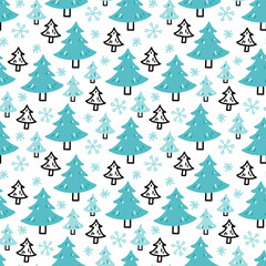 Winter seamless pattern with abstract snowy trees on white background. Vector print hand drawn in doodle style for kids textile, wrapping paper, packaging design