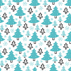 Winter seamless pattern with abstract snowy trees on white background. Vector print hand drawn in doodle style for kids textile, wrapping paper, packaging design