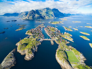 Henningsvaer - fishing village in Lofoten, Norway famous for its beautifully located football pitch - 559769925