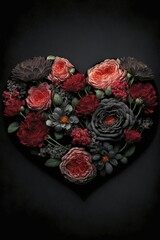 Floral heart on black background. Valentines Day. Love. Wedding. Gifts & Card. St. Valentine's Day. Generate AI.