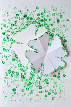 Children's Card DIY For St. Patrick's Day. Four-leaf Clover With Spots Of Green Paint. Art Craft For Kids.