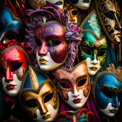 Colorful carnival masks at a traditional festival in Venice, Italy, Generative AI	