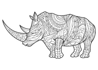 Rhinoceros coloring book for adults PNG illustration with transparent background