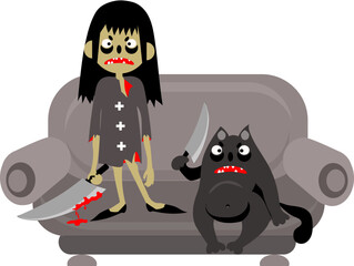 An evil girl with a knife in her hands and an evil black cat are located on a gray sofa. Cartoon.