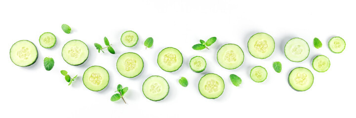 Fresh cucumber and mint panorama on white, overhead flat lay shot. Healthy organic food design